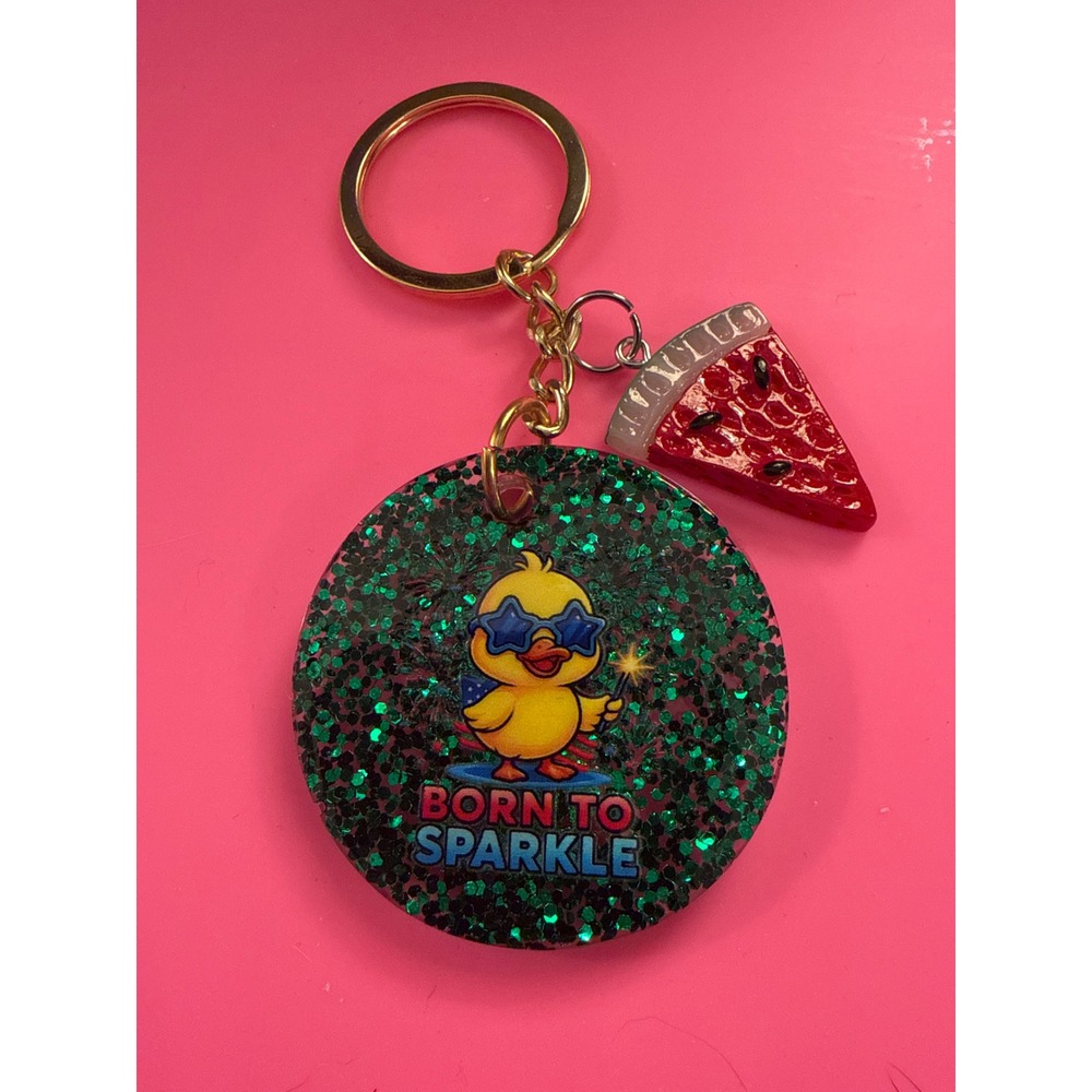 Born to Sparkle Duckling Resin Keychain Green Glitter Watermelon Charm Accessory